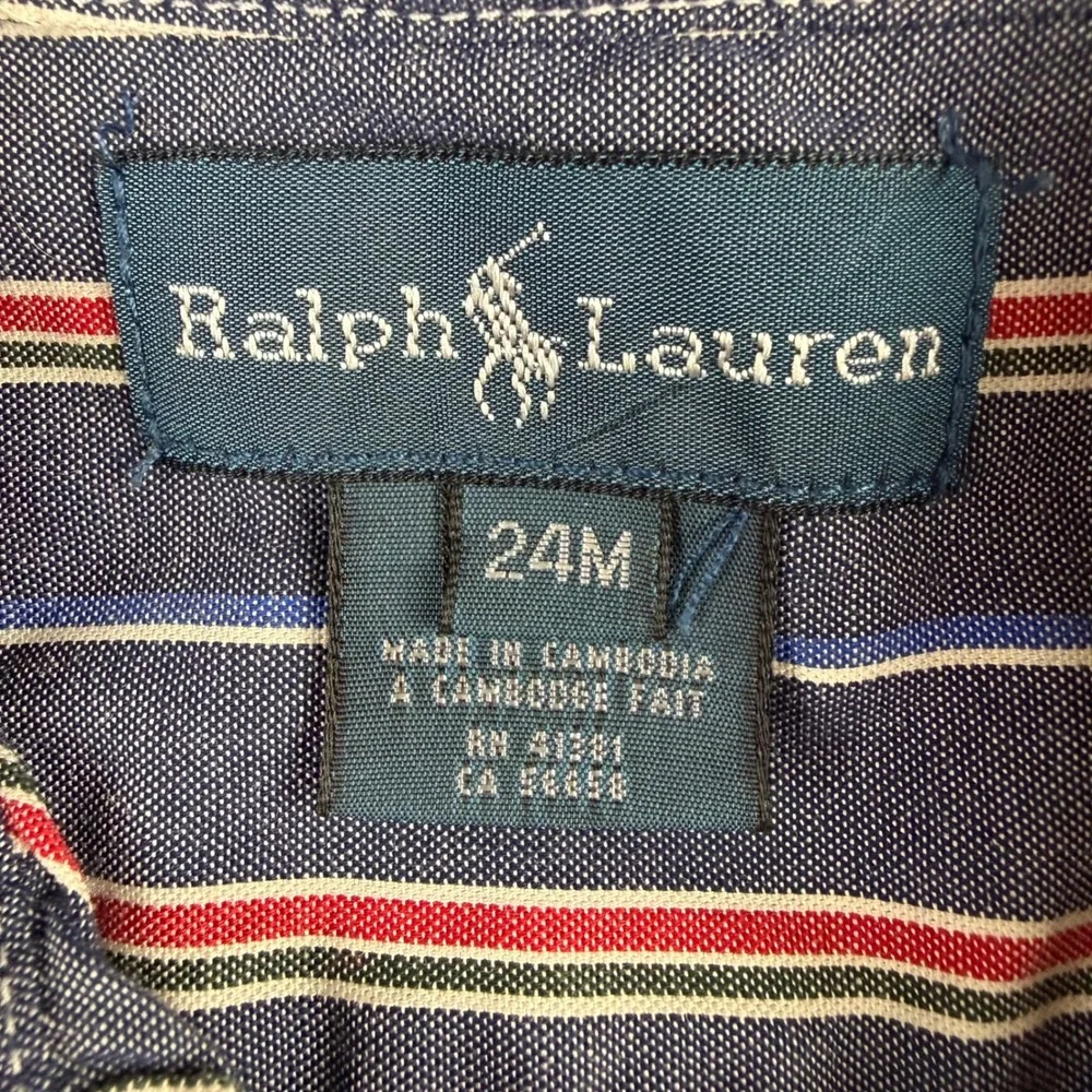 Ralph Lauren‎ Button Down Shirt Kids 24M Navy Blue Striped Preppy Long Sleeve